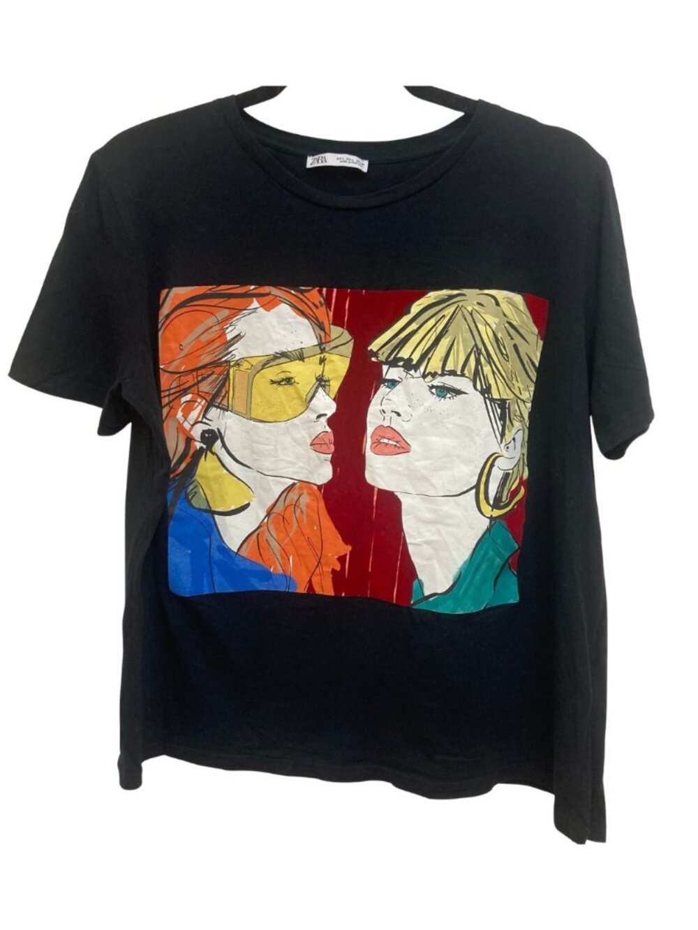 ZARA Black Graphic Tee Screen Printed Short Sleeved Size L